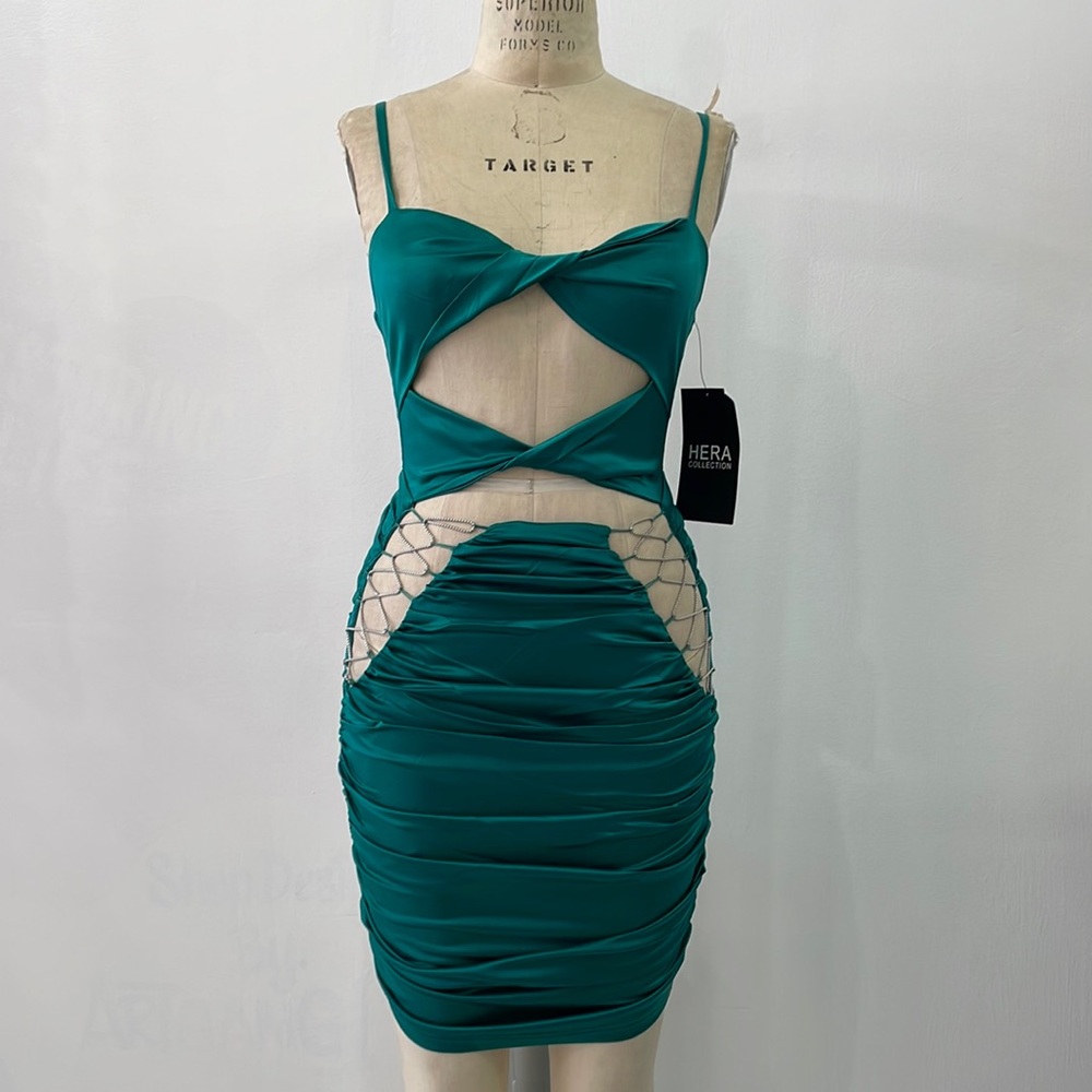 Cut Out Stretch Satin Ruched Mini Dress with Metal Chain Detailing